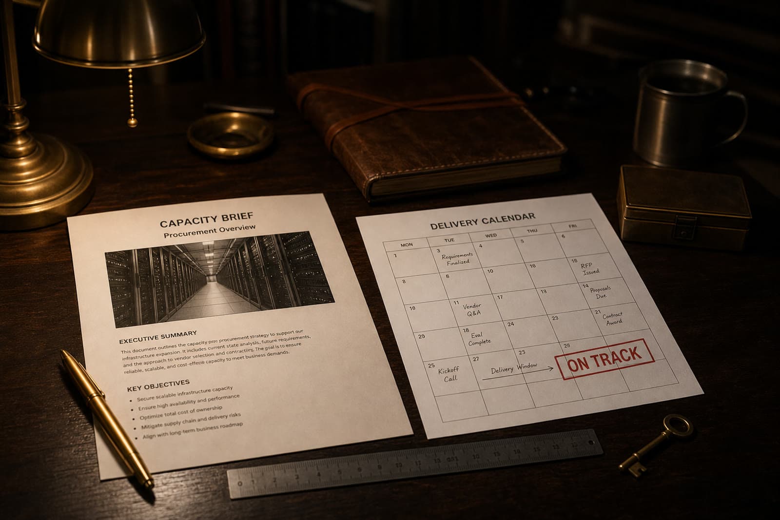 A professional procurement desk featuring a Capacity Brief document with a data center image, a delivery calendar stamped ON TRACK, and a brass key under warm lamp lighting.